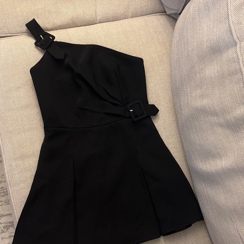 Lovers + Friends Black One-Shoulder Buckle Mini Dress